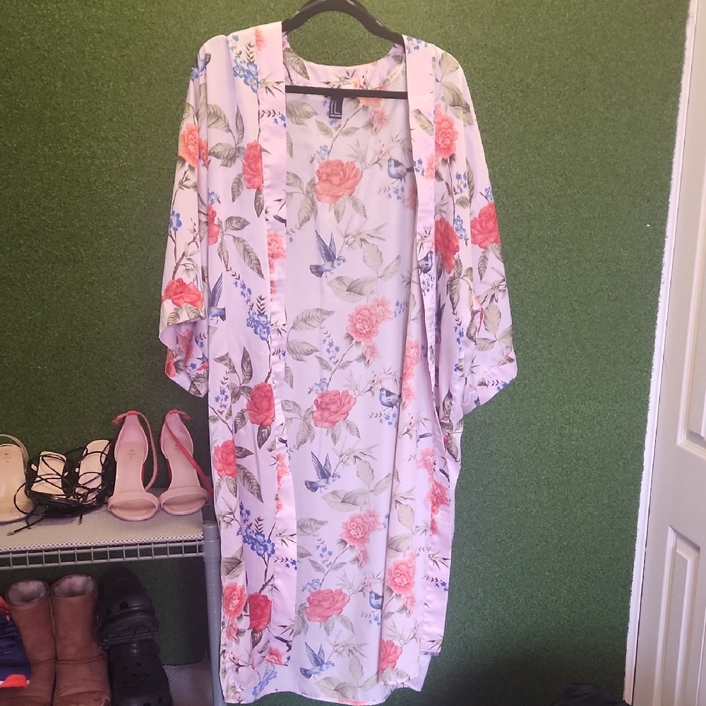 Pink and Blue Floral Robe with Flowing Sleeves